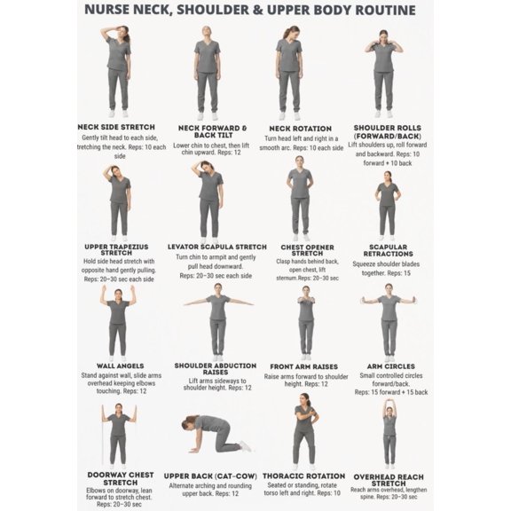 Nurse Neck, Shoulder, And Upper Body Routine Poster Stretching Practice Posters Daily Usage Chart . Neck And Shoulder Stretching Set Poster