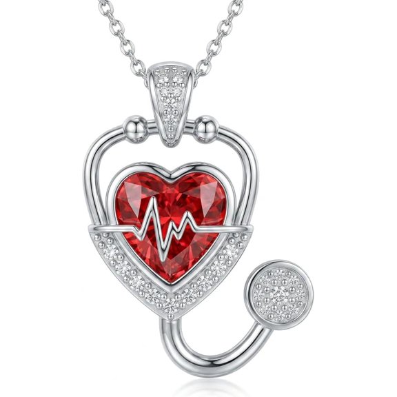 MYSTICPOEM Nurse Necklace Stethoscope Pendant with Heartbeat Blue Crystal, Medical Jewelry Gifts for Women, RN Registered Nurse Doctor Graduation Birthday Gift