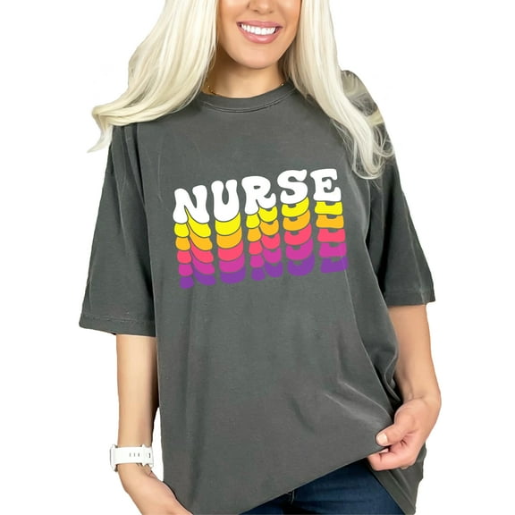 Nurse, Nursing Themed, Groovy Retro Wavy Text, Pepper Comfort Colors T-Shirt, Small