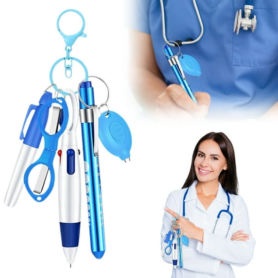 Nurse Pen Set with LED Flashlight & Tools - 6-in-1 Nursing Accessories Includes Retractable Pen, Permanent Marker, Foldable Scissors, Keychain Clip & Pen Light