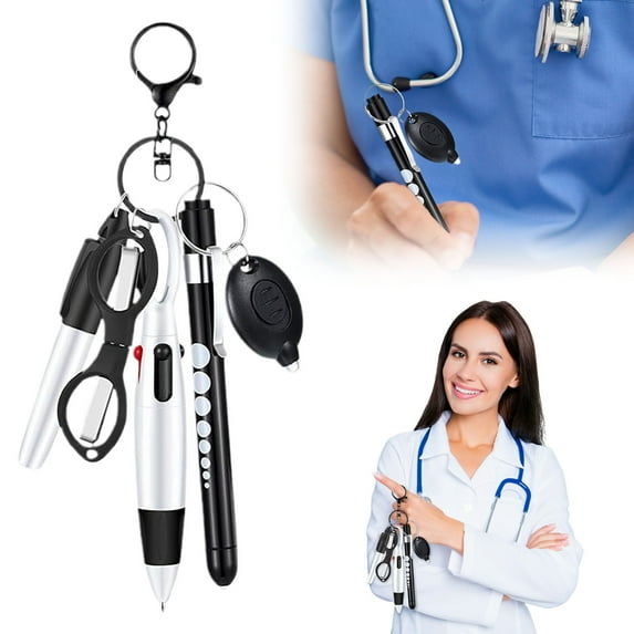 Nurse Pen Set with LED Flashlight & Tools - 6-in-1 Nursing Accessories Includes Retractable Pen, Permanent Marker, Foldable Scissors, Keychain Clip & Pen Light