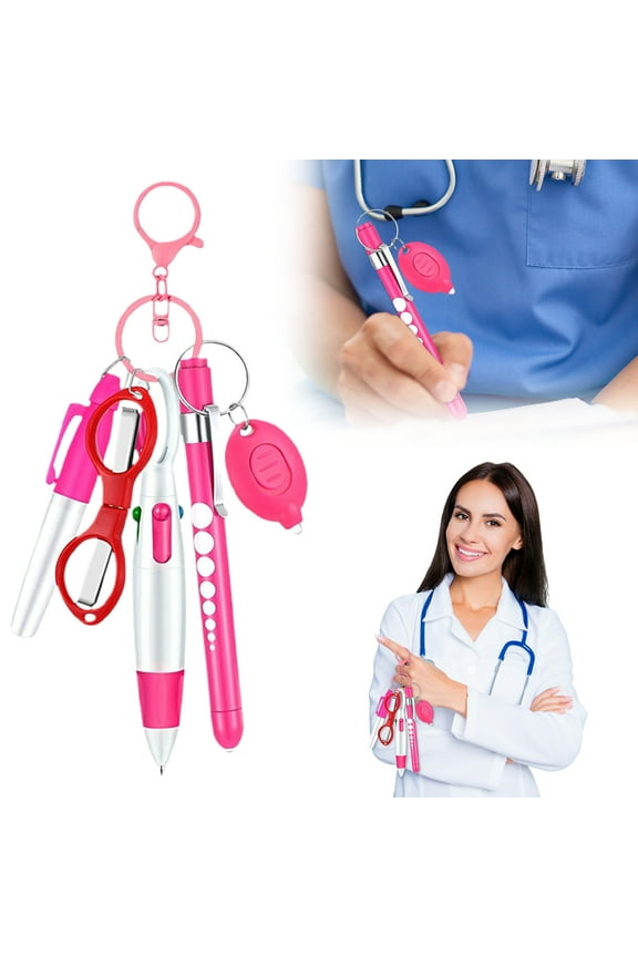 Nurse Pen Set with LED Flashlight & Tools - 6-in-1 Nursing Accessories Includes Retractable Pen, Permanent Marker, Foldable Scissors, Keychain Clip & Pen Light