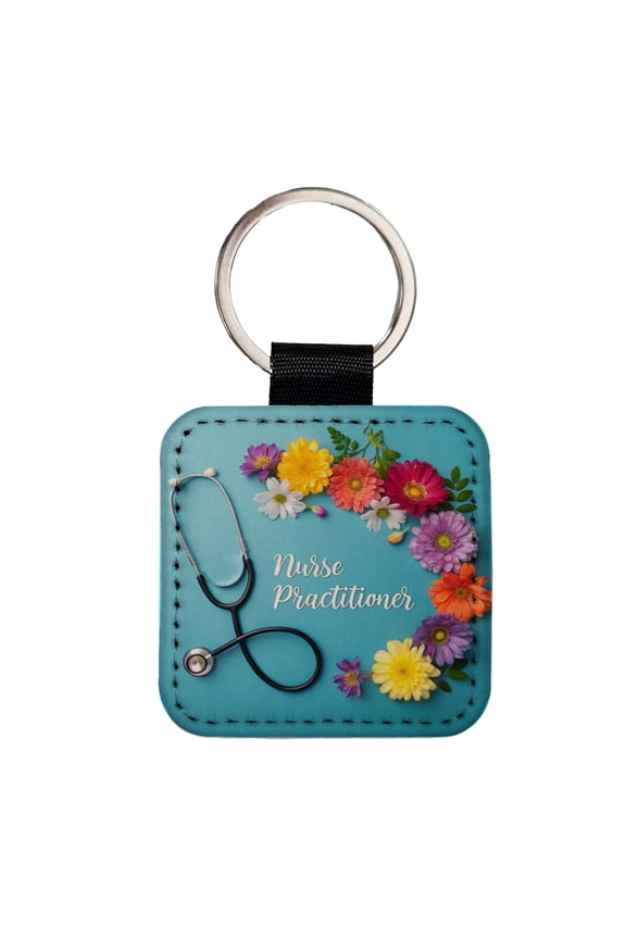 Nurse Practitioner Appreciation Stethoscope Flowers Faux Leather Square Keychain