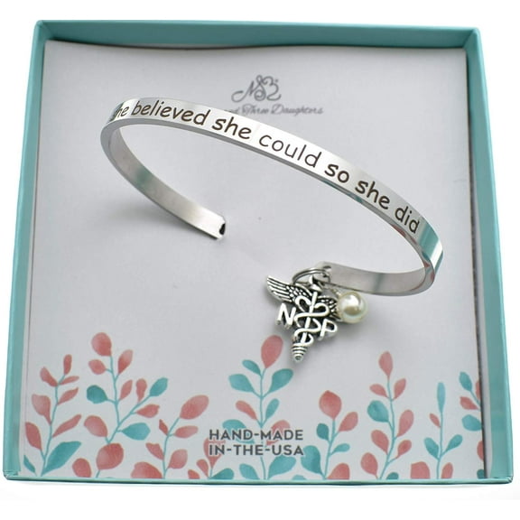 Nurse Practitioner Bracelet, Gift For Nurse Practitioner, Stainless Steel Bracelet:"She Believed She Could And She Did" With Np Caduceus