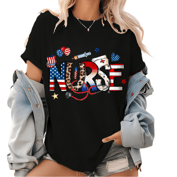 Nurse Print Graphic Tee T-Shirt Top Comfortable and Cotton Short Sleeve Round Neck Black S-5XL
