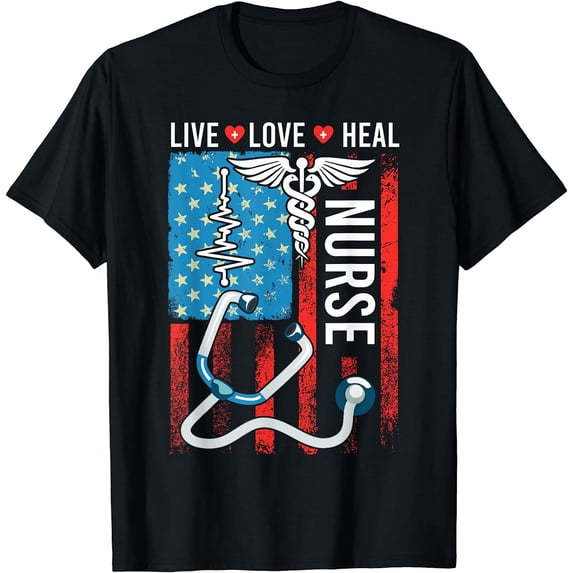 Nurse RN CNA LPN American USA Flag 4th of July Stethoscope Women T-Shirt Black Small
