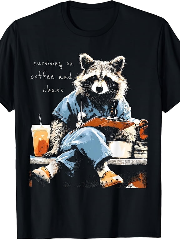 Nurse Raccoon Surviving On Coffee And Chaos Funny Medical RN Graphic Tee for Men Women, Cute Trash Panda Short Sleeve T-Shirt, Casual Crew Neck Top for Nurse Gift