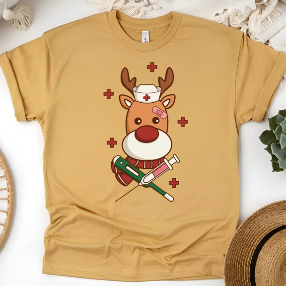 Nurse Reindeer Graphic T-Shirt for Men and Women, Unisex Casual Tee, Gold, Size S