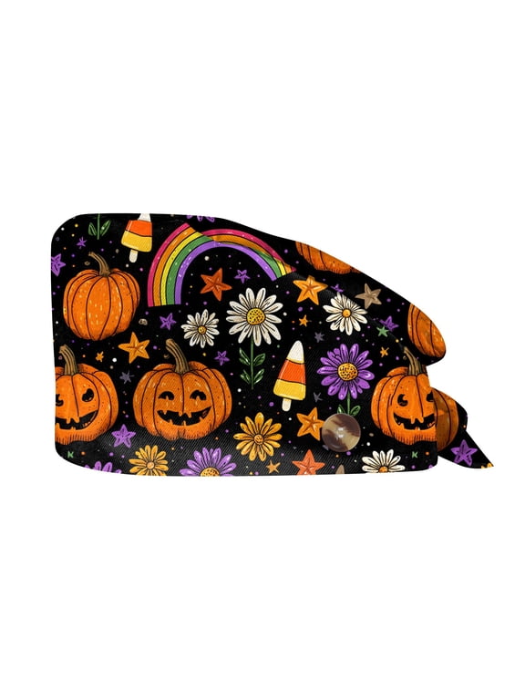 Nurse Scrub Cap for Women Men Halloween Pumpkin Moon Star Bat Print Ponytail Bouffant Working Cap Dust Cap Casual Head Wrap for Long Hair Daily Earthy Yellow B