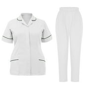 Nurse Scrub Set for Women 2 PCS Working Uniforms Short Sleeve Collared Work Shirts Long Pants Beauty Care Medical Clothing, White, M