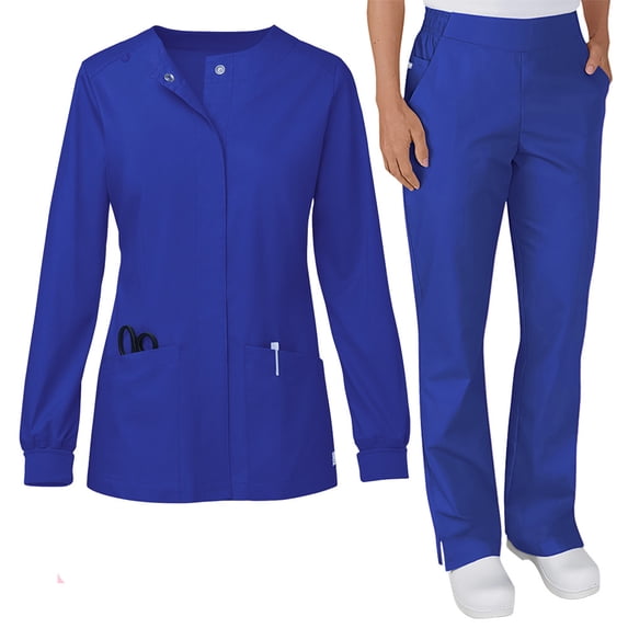 Nurse Scrub Sets for Women 2 Piece Workwear Uniform Snap Front Jacket Jogger Pants Long Sleeve (Blue,M)