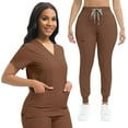 thumbnail image 1 of Nurse Scrub for Women Set V-Neck Top & Jogger Scrub Pants Medical Uniform Scrubs Suit for Women Brown XL, 1 of 6