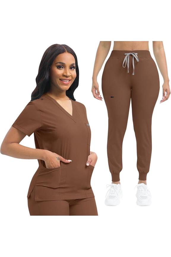 Nurse Scrub for Women Set V-Neck Top & Jogger Scrub Pants Medical Uniform Scrubs Suit for Women Brown XXL