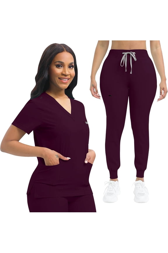 Nurse Scrub for Women Set V-Neck Top & Jogger Scrub Pants Medical Uniform Scrubs Suit for Women Burgundy XL