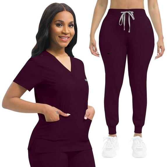 Nurse Scrub for Women Set V-Neck Top & Jogger Scrub Pants Medical Uniform Scrubs Suit for Women Burgundy XXL