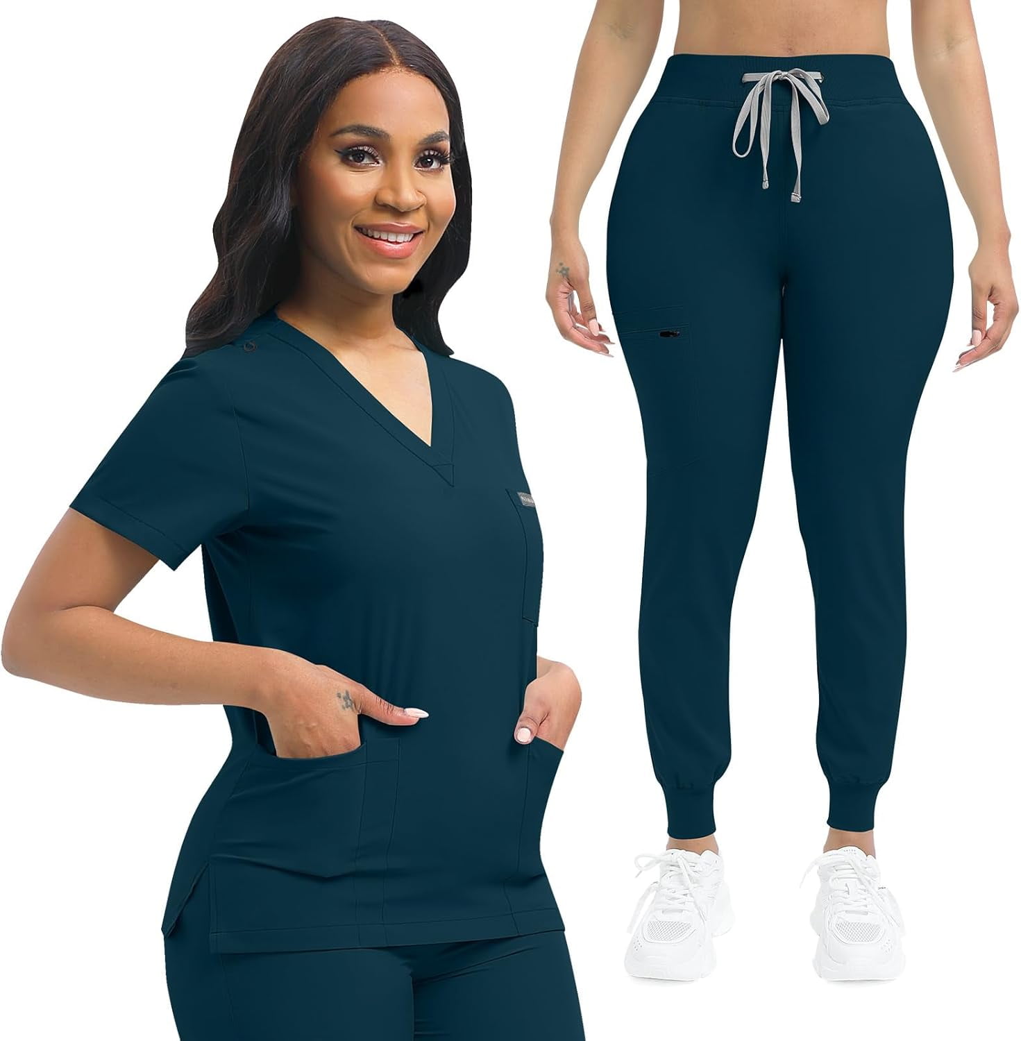 Nurse Scrub for Women Set V-Neck Top & Jogger Scrub Pants Medical Uniform Scrubs Suit for Women Caribbean Blue M