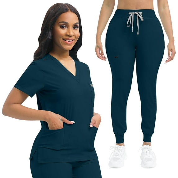 Nurse Scrub for Women Set V-Neck Top & Jogger Scrub Pants Medical Uniform Scrubs Suit for Women Caribbean Blue M
