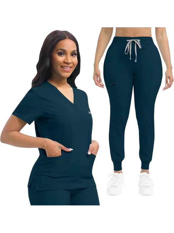 Nurse Scrub for Women Set V-Neck Top & Jogger Scrub Pants Medical Uniform Scrubs Suit for Women Caribbean Blue M