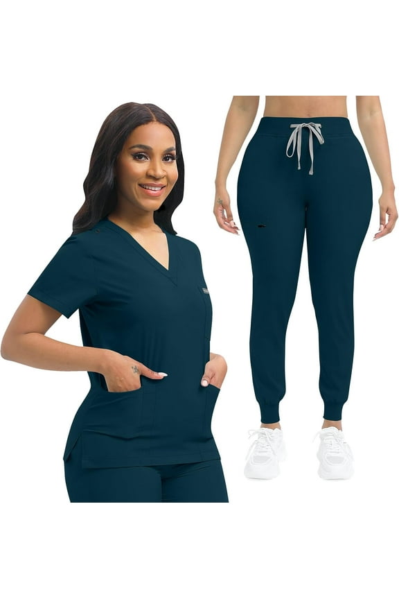 Nurse Scrub for Women Set V-Neck Top & Jogger Scrub Pants Medical Uniform Scrubs Suit for Women Caribbean Blue M