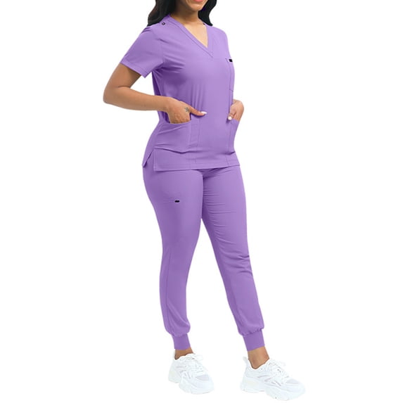 Nurse Scrub for Women Set V-Neck Top & Jogger Scrub Pants Medical Uniform Scrubs Suit for Women Light Purple L