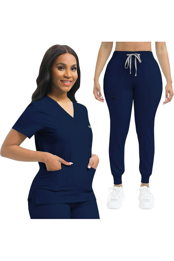 Nurse Scrub for Women Set V-Neck Top & Jogger Scrub Pants Medical Uniform Scrubs Suit for Women Navy Blue M