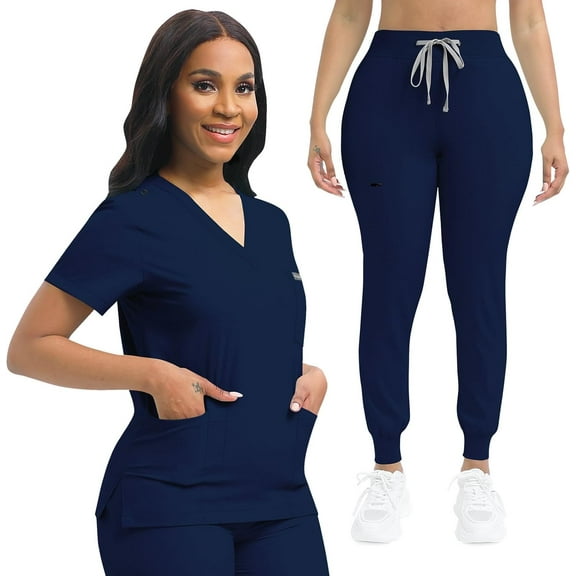 Nurse Scrub for Women Set V-Neck Top & Jogger Scrub Pants Medical Uniform Scrubs Suit for Women Navy Blue XXL