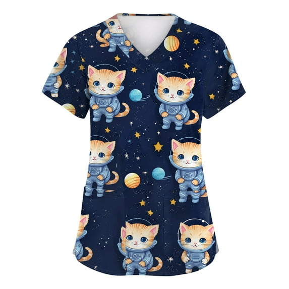 Nurse Scrubs, Cute Animal Print Top For Women-Loose Fit Short Sleeve V Neck Healthcare Uniform With Pocket Scrub Jacket Womens Short Tops Graphic Tees Shirts Tops Work (L, Royal Blue) ZMTing