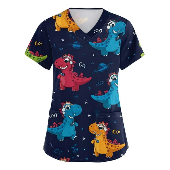 Nurse Scrubs, Cute Animal Printed Casual Short Sleeve V Neck Carer Working Uniform Shirts With Pockets Scrubs For Women Tops Lace Womens Dressy Tops Long Tank Tops Outfits (4XL, Red) ZMTing