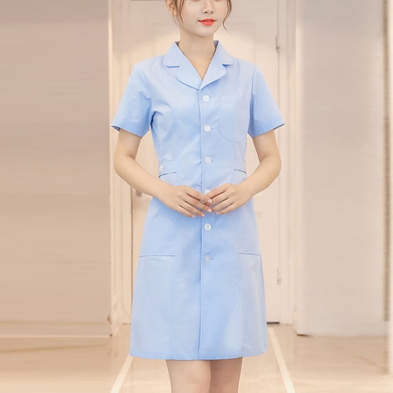 Nurse Scrubs Dress for Women Formal Lapel Neck Short Sleeve Button Down Work Dress Comfy Nursing Uniform Blue L