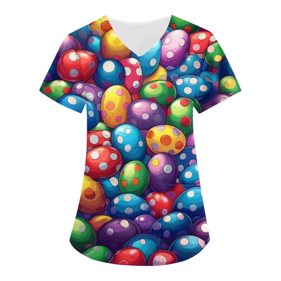 Nurse Scrubs For Women,Easter Scrub Tops Women Bunny Egg Hunt Print Scrubs Short Sleeve Holiday Working Uniform with Pockets,Light Gray,XL