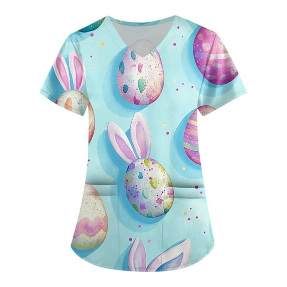 Nurse Scrubs For Women,Scrub Tops Womens Cute Easter Printed Nurse Uniforms 2026 Short Sleeve Scrub V Neck Shirt with Pockets,Sky Blue,S
