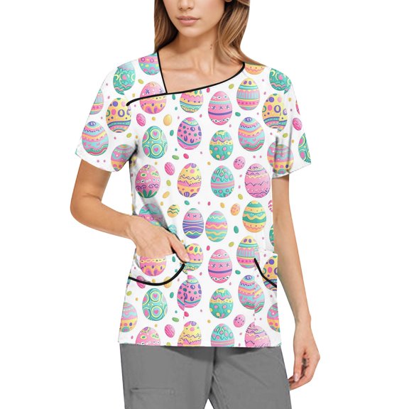Nurse Scrubs For Women，Scrubs for Women Trendy Easter Printing Plus Size Scrubs Tops Casual V Neck Short Sleeve Uniform with Pocket，Hot Pink，XXL