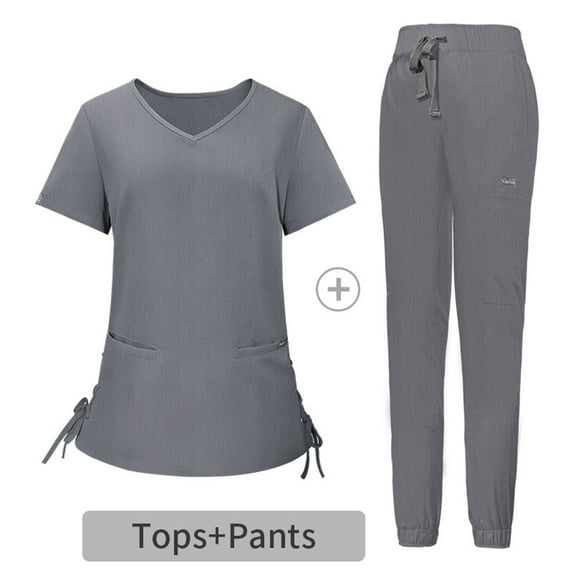 Nurse Scrubs Uniform Womens Holiday Saving ! Govmeie Women's Short-Sleeved Solid Color Pocket V-Neck Nurse Suit Gray (XL)