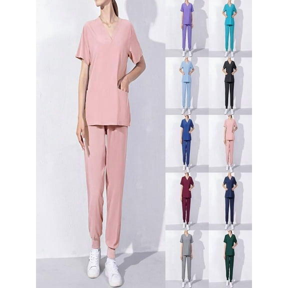 Nurse Scrubs Uniform Womens Winter Rollbacks ! Kojanyu Men Working Uniform Pocket Short Sleeve Blouse+Long Cargo Pant Two-Piece Sets Light Blue (XXL)