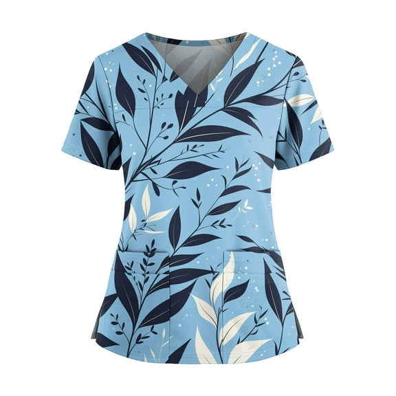 Nurse Scrubs, Women'S Plus Size Scrubs Tops-Floral Print V Neck Short Sleeve Pocket Side Slit Scrub Top, Soft Stretchy Work Uniform Healthcare Scrubs Top Bodysuit Shacket (4XL, Blue) ZMTing