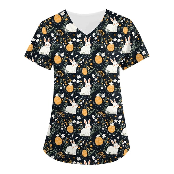 Nurse Scrubs For Women，Scrubs for Women 2026 Easter Bunny Eggs Print Tops for Women V Neck Stretchy Short Sleeve Nursing Shirts with Pockets，Dark Green，S