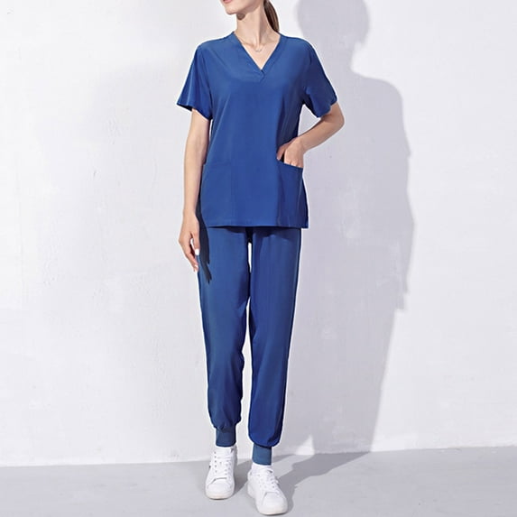 Nurse Scrubs for Women Set 2 Piece Outfits Cozy Fit Scrubs Plus Size Soft V Neck Short Sleeve Nursing Tops Work Jogger Wide Leg Scrub Pants Cute Comfy Stretch Uniform Scrubs Workwear, Dark Blue 4XL