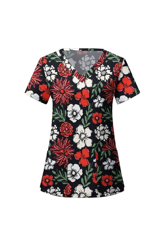 Nurse Scrubs for Women Tunic Fashion Floral Printed Nurse Uniforms Lounge Comfy V Neck Summer Medical Scrub with Two Pockets Short Sleeve Work T Shirts