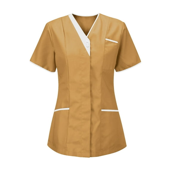 Fartey Plus Size Nurse Scrubs for Women Slim Fit Colorblock Print V Neck Uniform Tops Casual Summer Short Sleeve Pockets Working Blouses Khaki 3XL