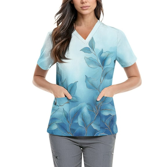 Nurse Scrubs for Women,Floral Print Scrub Tops - Side Pocket Design for Nurses & Healthcare Workers - Blue - XXXXL
