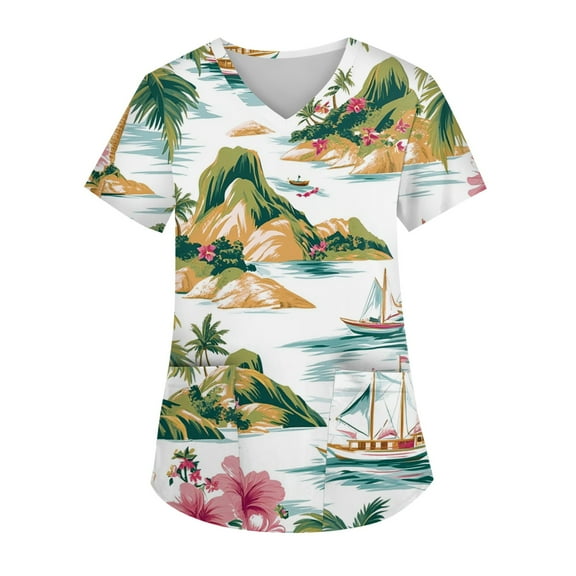 Nurse Scrubs for Women,Hawaiian Floral Nurse Tops - Lightweight Short Sleeve Scrub with Chest Pocket - Earthy Yellow - XXXL