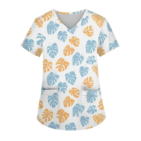 Nurse Scrubs for Women,Hawaiian Print Scrub Tops - Stretch V-Neck with Reinforced Pockets for Medical Use - Light Blue - S