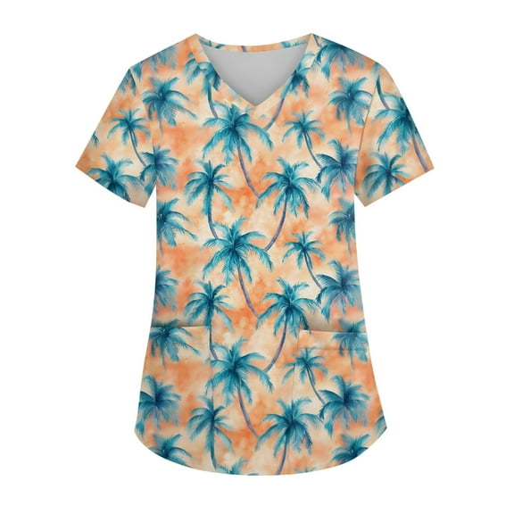 Nurse Scrubs for Women,Hawaiian Print Scrubs Top- Performance Fabric Tops with Side Slit Pockets - Sky Blue - XXXL