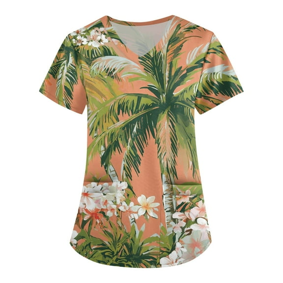 Nurse Scrubs for Women,Hawaiian Print Scrubs Tops for Women - V-Neck Short Sleeve Nursing Uniform with Pocket - Orange - L