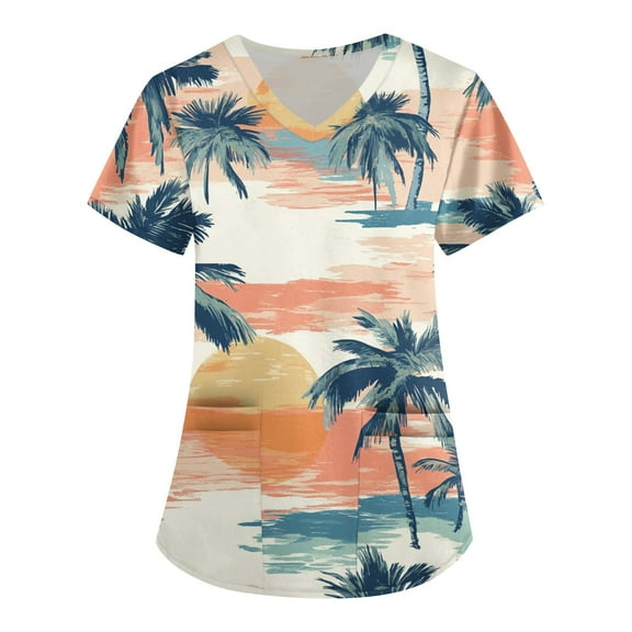 Nurse Scrubs for Women,Hawaiian Print Scrubs Tops for Women - V-Neck Short Sleeve Nursing Uniform with Pocket - Saffron - XL