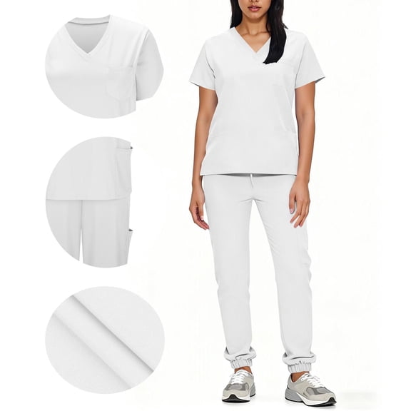 Nurse Scrubs for Women Set Short Sleeves V-Neck Tops and Cargo Pant Basic Drawstring Jogger Pants with Pockets White L