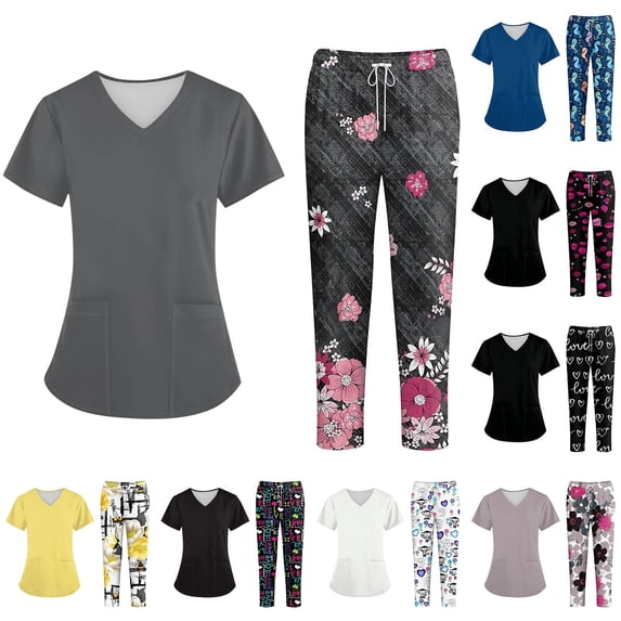 Nurse Scrubs for Women Set V Neck Short Sleeve Solid Medical Scrub Tops and Wide Leg Jogger Floral Pants, 3XL