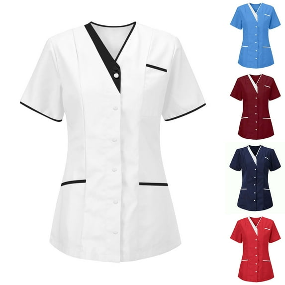 Nurse Scrubs for Women Solid Color V-Neck Uniform Tops Casual Summer Short Sleeve Working Blouses with Pockets Sky Blue XL