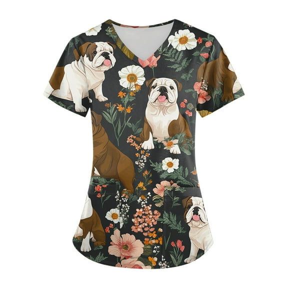 Nurse Scrubs for Women,V-Neck Scrub Tops with Animal Pattern - Wrinkle-Resistant Nursing Uniform with Pockets - Coffee - XL