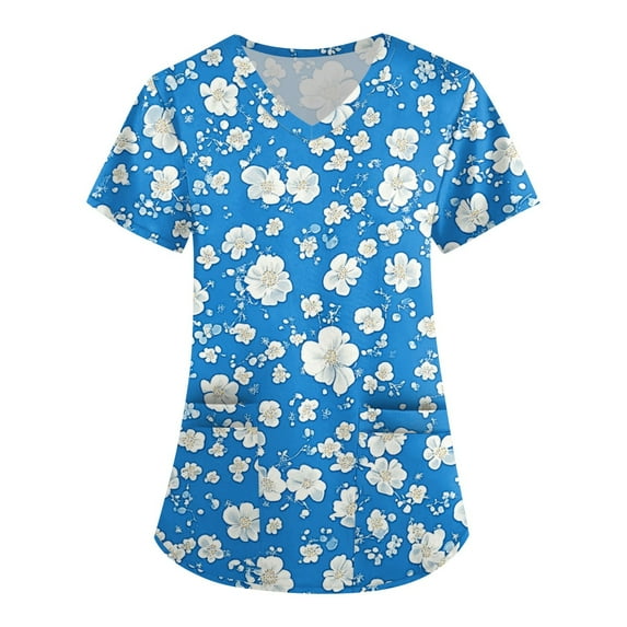 Nurse Scrubs for Women,Women's Floral Printed Scrub Tops - V-Neck Stretch Fabric with Utility Pockets - Blue - XXXXXL